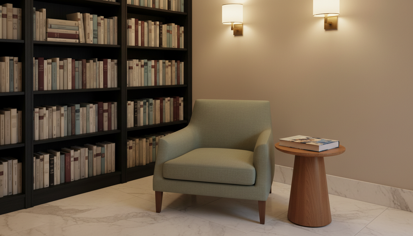 A refined reading nook nestled in the theater’s foyer, featuring a sleek, low-profile armchair upholstered in sage green linen, accompanied by a small, round wooden side table. On the table rests a single hardcover book with a beautifully textured matte dust jacket. The nook is positioned beside a tall bookshelf filled with tastefully arranged volumes in a muted palette. Ambient sconce lighting along the wall casts a soft, diffused glow, enhancing the cozy yet sophisticated mood. Captured from a three-quarter view, the composition emphasizes tranquility, with clean lines and subtle gradients contributing to an elegant, minimalist aesthetic that celebrates the fusion of literature and theater.